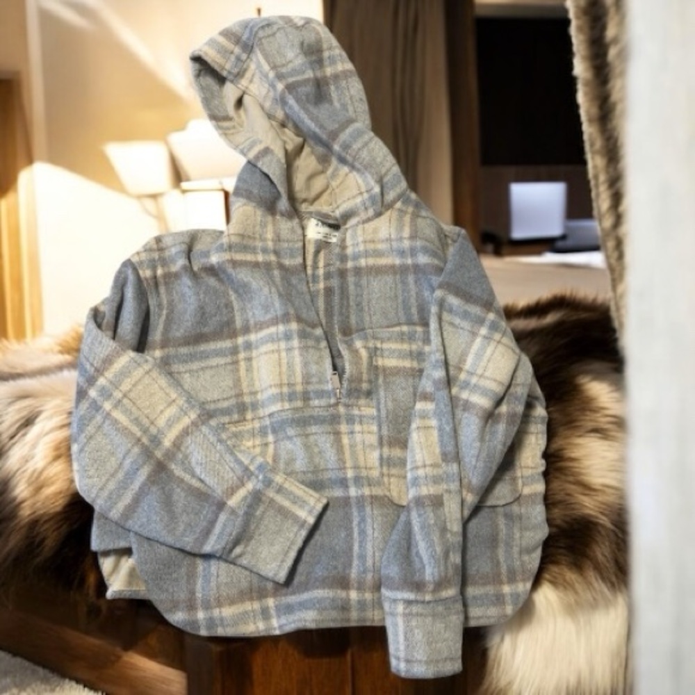 Women’s Plaid Jacket w/Hoodie, plaid pastel Coat Top, Fall Dress Blouse, sweater